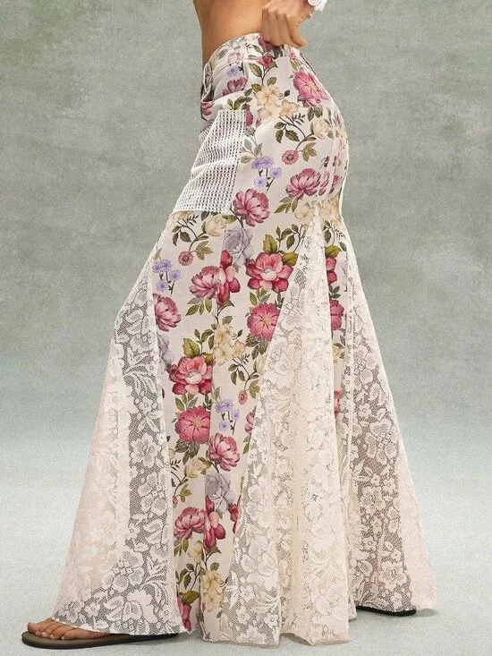 Khaki Boho Women's Casual Ditsy Floral Lace Loose Wide-Leg Low-Waist Pants - Picture 3 of 8